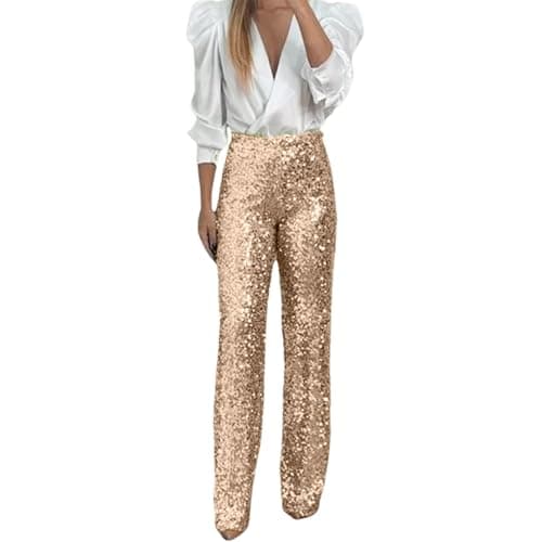 Image of 2025 Trousers Women's Party Sequin Elastic Waist Slim Fit Elastic Flare Pants Fashion Solid Color Pants (Gold, M)