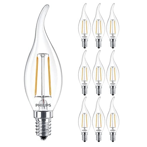 Image of 10 Pack - Philips Classic LED Clear Filament Bent Tip Candle Lamp 2W (25W) E14 SES Small Edison Screw 2700k Warm White | 250 Lumen | 15000 Hours | Car Air Freshener Included | 80+ CRI