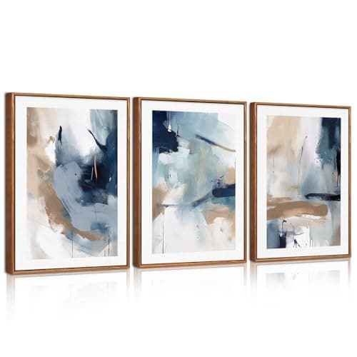 Image of CHDITB Abstract Framed Canvas Wall Art,Blue and Brown Art Painting,Neutral Brush Strokes Artwork,Blue Abstract Poster Set,Modern Painting for Living Room,Bedroom,Office 30 x 40cm x 3pcs