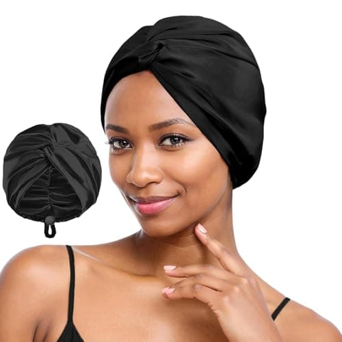 Image of Silk Turban, Adjustable Silk Satin Hair Bonnet for Sleeping Women, Silks Hair Wrap for Sleeping Women Men, Curly Natural Braid Straight Unisex (Black)