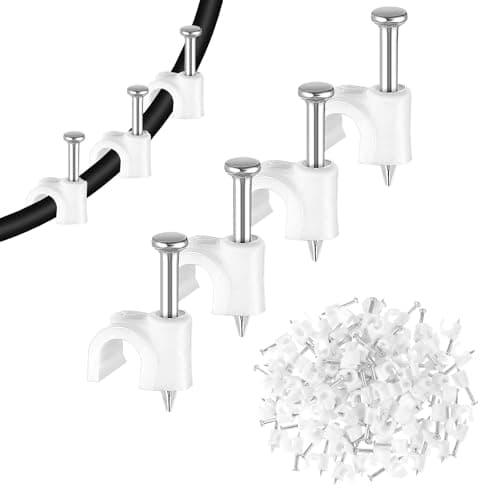 Image of MBAIYO 100 Pack Cable Clips with Steel Nails, 4mm White Round Wire Clips, Ethernet Coaxial Cable Clip Cord Clip for Wires on Wall Cables Management Organizer