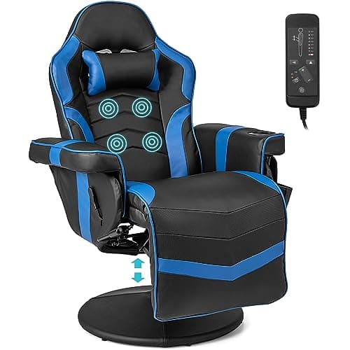 Image of COSTWAY Massage Gaming Chair, Height Adjustable Swivel Racing Video Gaming Recliner with Retractable Footrest, Headrest and Cup Holder, Ergonomic High Back PU Leather Executive Desk Chair (Blue)
