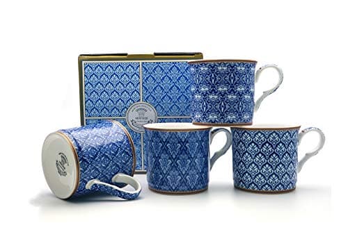 Image of heritage FINE Bone China Set of 4 Mugs Gift Boxed Moroccan Blue Mugs Free UK DELIVERY