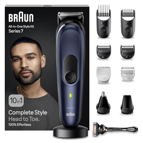 Image of Braun All-in-One Style Kit Series 7 MGK7410 10-in-1 Grooming Kit for Men, for Beard Trimming, Manscaping, Hair Clipping & More, with Charging Stand & Pouch, Waterproof, Rechargeable