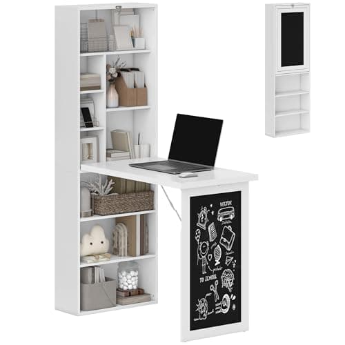 Image of HOMCOM Wall Mounted Computer Desk, Space Saving Folding Study Table with Black Board, Bookshelf, Floating Writing Desk with Adjustable Shelf, 9 Open Compartments for Small Space, White