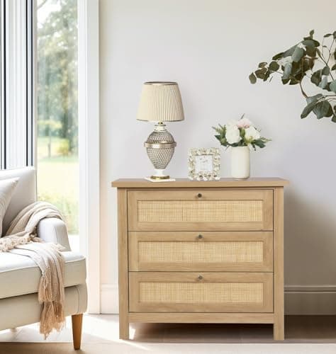 Image of Hallowood Furniture Newquay Chest of Drawers, 3 Wooden Drawers with Rattan Front Light Oak Furniture for Bedroom, Living Room & Hallway, Multifunctional Oak Dresser Storage Unit