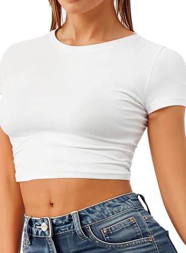 Image of Re Tech UK - Women's Basic Ladies Short Sleeve Stretchy Crop Tops for Women, Slim Fit Crew Neck, Cropped T Shirt, Summer, Cute, Tshirt, Sizes 8-14 (M/L 12-14, White)