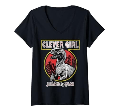 Image of Womens Jurassic Park Clever Girl Raptor Roar Circle Logo V-Neck T-Shirt