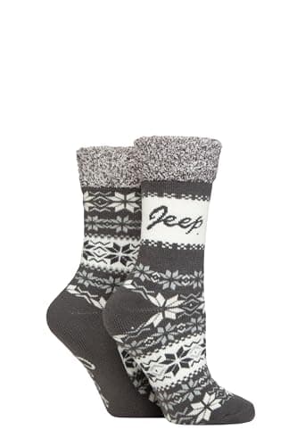 Image of Jeep Ladies Thermal Boot Socks - Fluffy Cuff Soft Top Fairisle Patterned Cushioned Warm Winter Walking, Hiking & Outdoor 2 Pair Size 4-8 Slate/Cream