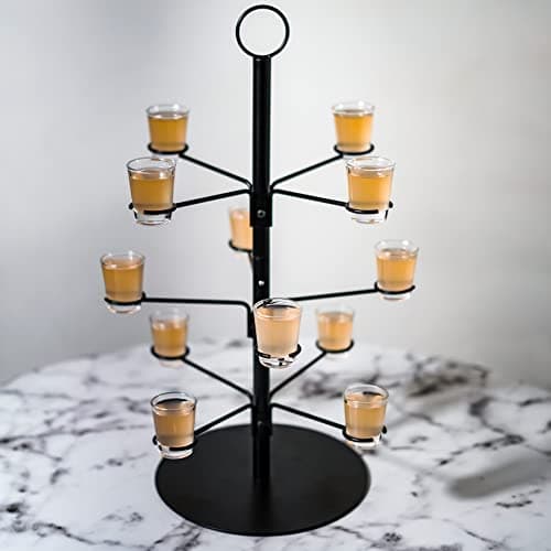Image of Tree Bar Cocktail Tree Stand, Black Metal Display Stand For Wine, Champagne, Cocktails, and Shot Glasses at Weddings, Parties, and Brunch - 12 holders, 2 ft tall