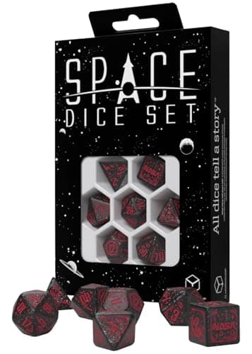 Image of Q-Workshop Space Dice Set Voyager RPG Dice – Shimmering Black with Red Engravings – Ideal for Tabletop Games & RPGs – 7 Polyhedral Dice – (D4, D6, D8, 2D10, D12, D20)