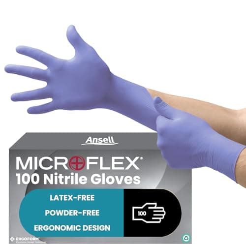 Image of Ansell MicroFlex 93-843 Powder-Free Disposable Nitrile Gloves, Multipurpose, Chemical and Mechanical Protection, Blue, Size L (100 Pieces)