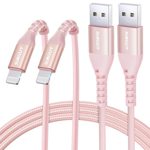 Image of SUNGUY USB-A to Lightning Cable 1.5m, 2Pack[MFi Certified]USB to Lightning Cable for Car, i-Phone Charger Cord Nylon Braided Compatible with i-Phone 14/13/12/11 Pro Max Mini X XS XR Plus 10 iPad,Pink