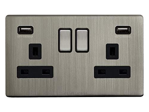 Image of Gloss Brush Chrome USB Double Wall Plug Socket 2 Gang 13A with 2 USB Charger Port Outlets Socket Plate N776DME