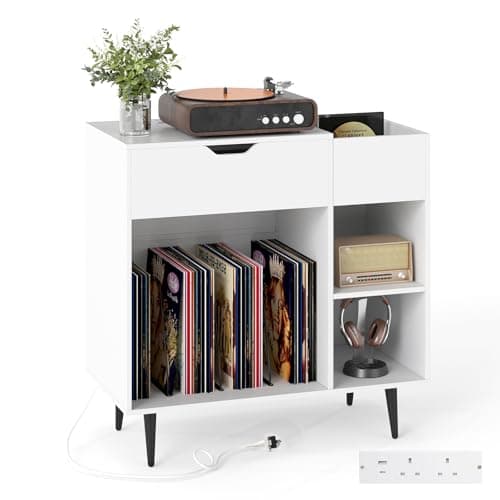 Image of COSTWAY Record Player Stand with Charging Station, Turntable Stand End Side Table with Drawer, 3 Dividers and Shelves, Albums Vinyl Record Storage Cabinet Holder for Living Room Bedroom (White)