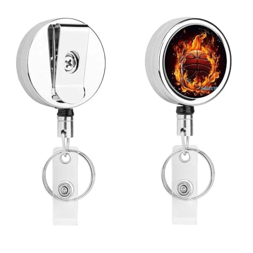 Image of Metal Badge Reel Badge Holders with Belt Clip,Basketball Logo with Flames ID Name Retractable Badge Clip for Teacher Nurse