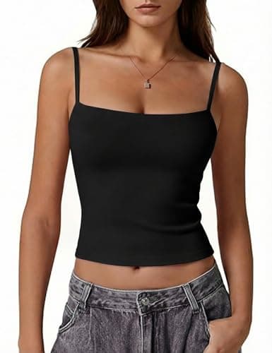 Image of Gyabnw Vest Top Women UK Sleeveless Square Neck Camisole Summer Tops Spaghetti Strap Crop Tank Tops Sexy Y2K Style for Summer Black