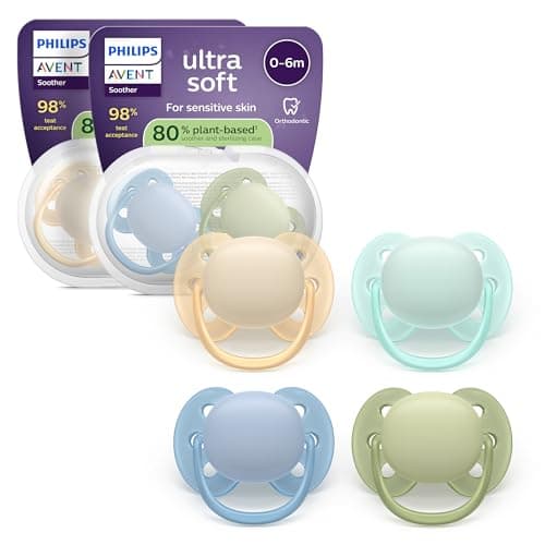 Image of Philips Avent Ultra Soft Soothers - Orthodontic Design, for Babies 0-6 Months, Flexible Shield, Silicone Symmetrical Teat, BPA-Free, 2 Sterilizing Cases, 4 Pack, SCF091/50