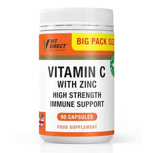 Image of Vit Direct - Vitamin C with Zinc - High Strength - 90 Vegan Capsules - Supports Muscle Growth - Reduces Tiredness & Fatigue - VIT C & Zinc Daily Supplements - Long-Term Support