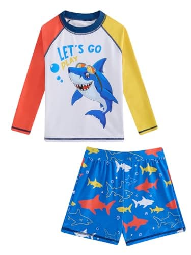 Image of JiAmy Boys Long Sleeve Rash Guard Swim Set Animal Print T-Shirt & Swim Trunks 2-Piece Quick Dry Beachwear for Swimming Pool & Sea Ages 4-10 Years