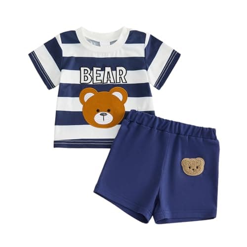 Image of BeliBacca Summer Baby Boy Clothes Bear Print Striped Short Sleeve Crew Neck Top Shorts Set 2pcs Infant Toddler Summer Outfits Adorable Sets (Blue, 12-18 Months)