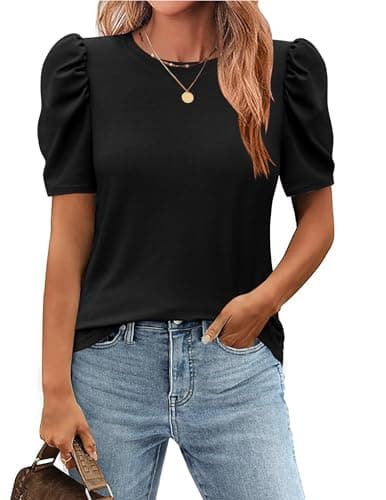 Image of Zeagoo T-Shirt Women's Tops Summer Crew Neck Tops Elegant Basic Blouse Puff Short Sleeve Business Outfit Black XL