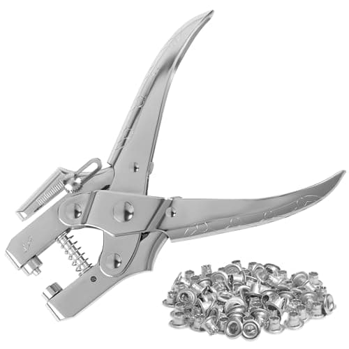 Image of Kurtzy Eyelet Hole Punch Pliers Kit with 100 Silver Eyelets - 16cm/6.3 Inch Leather Belt Grommet Tool - 7.2mm Silver Metal Grommets - Plier Puncher Set for Fabric, Clothes, Shoes, Bags and Crafts