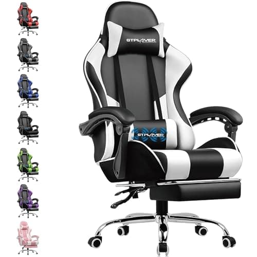 Image of GTPLAYER Gaming Chair, Massage Computer Chairs with Footrest, Headrest and Lumbar Support Height Adjustable Ergonomic 360°-Swivel PC Chair White