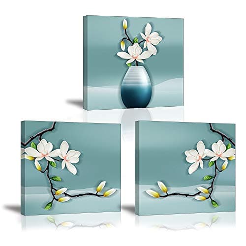 Image of Piy Painting 3 Pieces Modern Canvas Painting Wall Art For Home Decoration Elegant Magnolia Flowers Print On Canvas Pink Floral in Blue vase Artwork For Wall Decor Living Room Bedroom Home 30x30cm