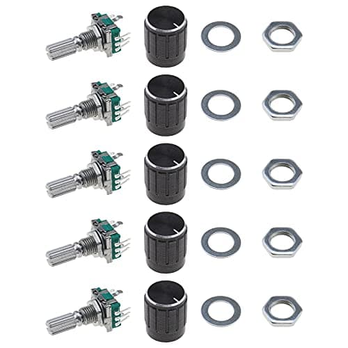 Image of EMSea 5 Kits of 360 Degree Rotary Encoder Modules EC11 Digital Potentiometer Push Button Switch 5 Pins 20mm Shaft with Black Knob Cap