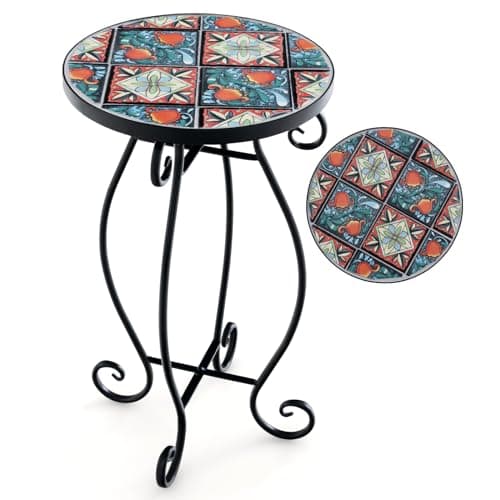 Image of COSTWAY Garden Side Table, Mosaic Round Bistro Coffee Table with Ceramic Tile Tabletop, Indoor Outdoor Small End Accent Table Plant Stand for Patio, Balcony & Porch (Vintage Red+Lake Blue, 30 x 50 cm)