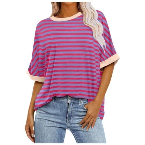 Image of Oversized T Shirts for Women Personalised,Funny Women Tshirt Print,Summer Casual Round Neck Loose with Striped Gradient Print Short Sleeved Top for Comfortable Blend T-Shirt Blouse Top Hot Pink