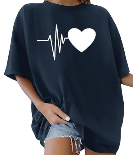 Image of Lonya Women's T-Shirts Round Neck Y2k 90s Oversized T Shirts for Women Ladies Short Sleeve Graphic Print Summer Baggy Plus Size Casual Cotton Tee Tops,Pure Navy Blue,M