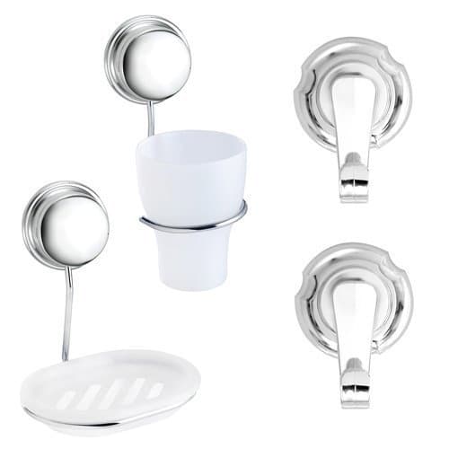 Image of Croydex Twist 'N' Lock Plus 4 Piece Suction Bathroom Basin Accessory Set Wall Mounted Soap Dish Holder Tumbler Holder Robe Hooks (Chrome) by Croydex