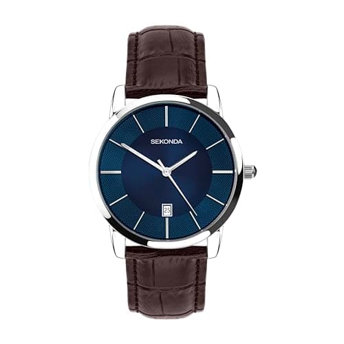 Image of Sekonda Murphy Mens Watch – 42mm Watch for Men with Dark Blue Dial, Date Window, Silver-Tone Case and Brown Leather Strap – 30m Water Resistant – 2 Year Warranty