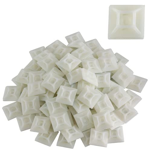 Image of 100 Pack of White Cable Tie Bases - 28mm x 28mm - Premium Adhesive Fixing Mounts by Gocableties