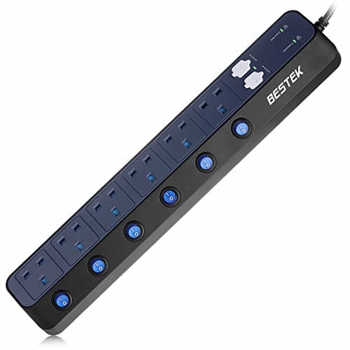 Image of BESTEK Individually Switched Extension Lead 6 Way Plug Socket 900J Surge Protector with 4-Port (5V/6A) USB Power Strip 3250W/1.8M