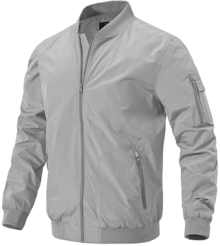 Image of donhobo Men's Spring Autumn Casual Jackets,Lightweight Bomber Jacket Outdoor Sports Windbreakers Thin Baseball Coats with Zipper Pockets Light Grey L