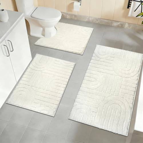 Image of Homcomodar Bath Mat Sets 3 piece Soft Microfiber Bathroom Mat Sets Water Absorbent Bath Mats for Bathroom Washable Non Slip Bath and Toilet Rug Set for Shower Floor Bathrooms Decor(White)