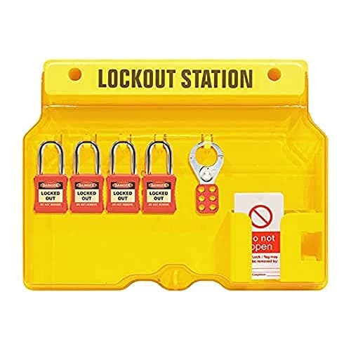 Image of Spectrum IndustrialLockout Tagout Station With 4 Padlocks-1 Hasp-10 Tags, Supplied With Lockable Cover, Yellow, H406 x W315 x D65mm