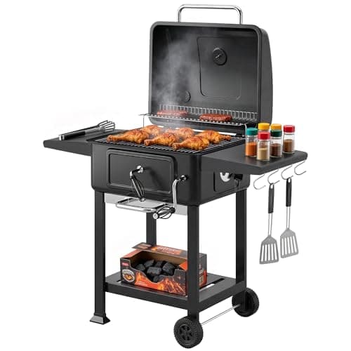 Image of Outsunny Charcoal BBQ Grill with Adjustable Charcoal Pan, Large Barbecue Grill Smoker with Warming Rack, Side Tables, Chimney, Vents, Wheels and Temperature Gauge, Portable for Outdoor Cooking, Black