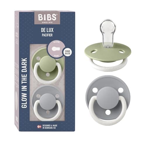 Image of BIBS De Lux Dummies 2-Pack, BPA Free Dummy Pacifier, Round Nipple. Silicone, OneSize (0-36 Months), Sage Night/Cloud Night