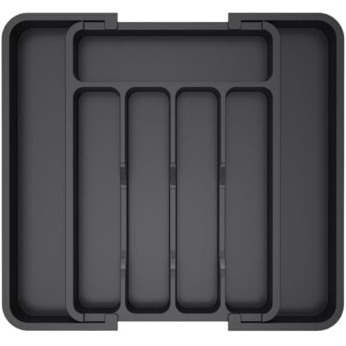 Image of Lifewit Extendable Cutlery Drawer Organiser, Adjustable Cutlery Tray, Plastic Adjustable Kitchen Storage Dividers for Utensil Spoons Forks Knives, 7 Compartments, 22-36 x 30cm, Black