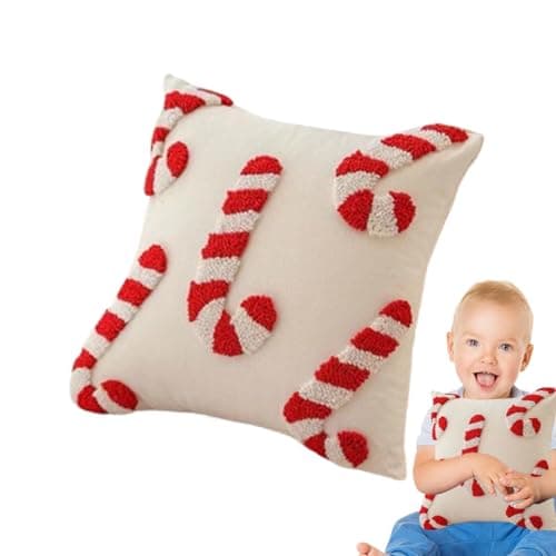 Image of Candy Cane Pillow Cover - Christmas Covers Winter Decorative Red and White Cushions with Mint Candy Design for Living Room Bedroom Holiday Decor