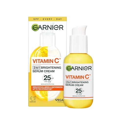 Image of Garnier Vitamin C 2 in 1 Brightening Cream: Hydrating SPF 25 Moisturizer with 20% Vitamin C Serum. Hydrates, Protects and Reveals Bright Glowing Skin. Organic, Cruelty-Free, 50ml. All Skin Types