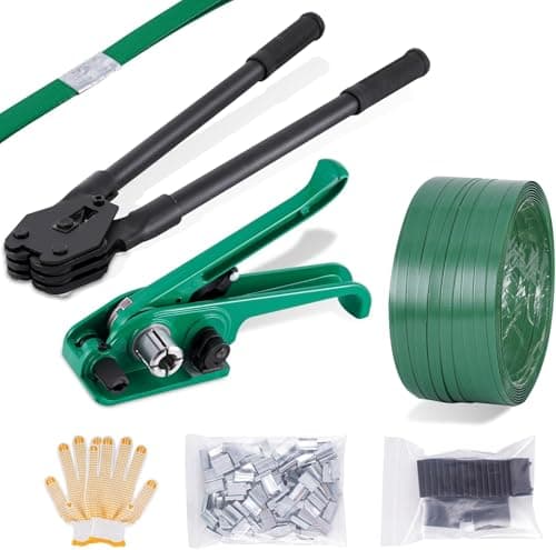 Image of BAOSHISHAN PET/PP Strapping Tools Kit 12-19mm Heavy Duty Pallet Strapping Tools Kit Manual Strapping Kit Strapping Banding Tool (200M PET Strap,100 Buckles, 20 Packaging Corner,Gloves×1)