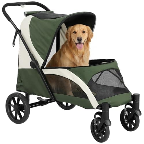Image of PawHut Dog Stroller, Easy Folding Pet Stroller for Large Dogs, Puppy Pram Pet Pushchair with 4 Big Wheels, Shock-Absorbing Frame, Safety Leashes, Brakes, Maximum Load 30 kg, Dark Green