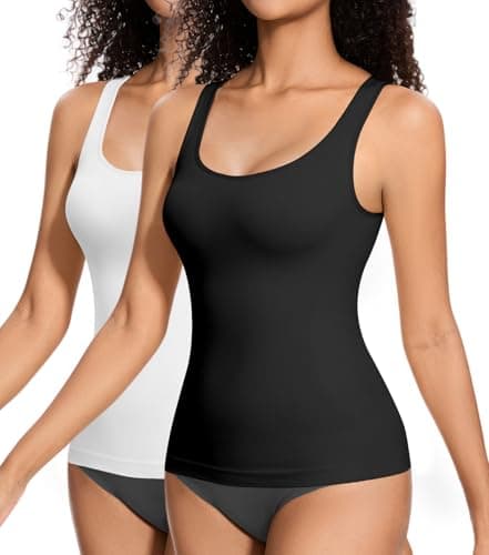 Image of ONEW Compressions Tank Top for Women Tummy Control Shapewear Top Waist Trainer Cami Vest with Wide Straps 2Packs(Black+White) 2XL