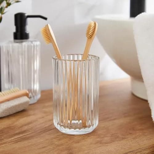 Image of New Chic & Modern Ribbed Glass Toothbrush Holder – Bathroom Accessory to Keep Toothbrushes Neatly Organised – Stylish Sinkside Storage & Bathroom Decor – M36