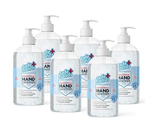 Image of Safe Hands | Hand Sanitiser Gel | 70% Alcohol | 500ml (6 Pack) | Antibacterial & Antiviral Hand Sanitizer | Kills >99.99% of Bacteria & Viruses | Fully Certified | Contains Moisturisers | Refill